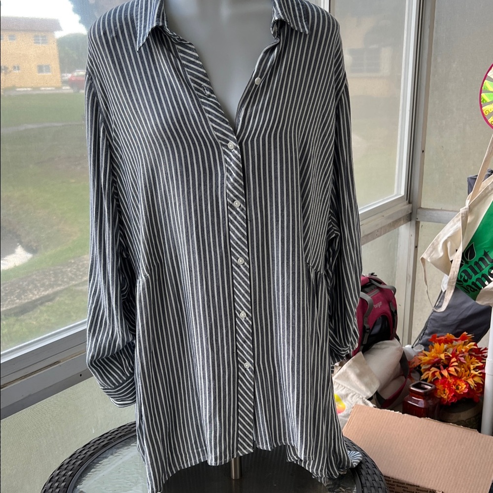 a.n.a Black and White Striped Button Down Shirt